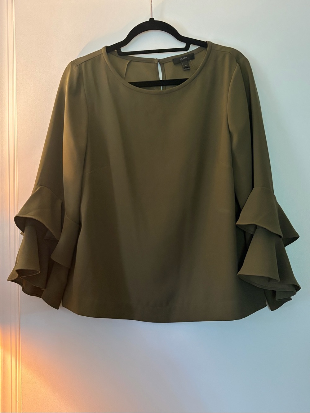J. Crew Olive Green Ruffle Sleeve Blouse